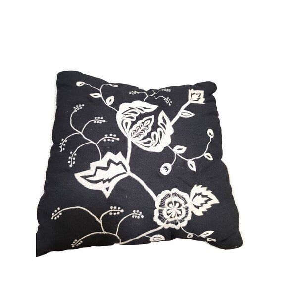 Black & White Floral Embroidered Throw Pillow Cushion 15" x 15" - Picture 1 of 6